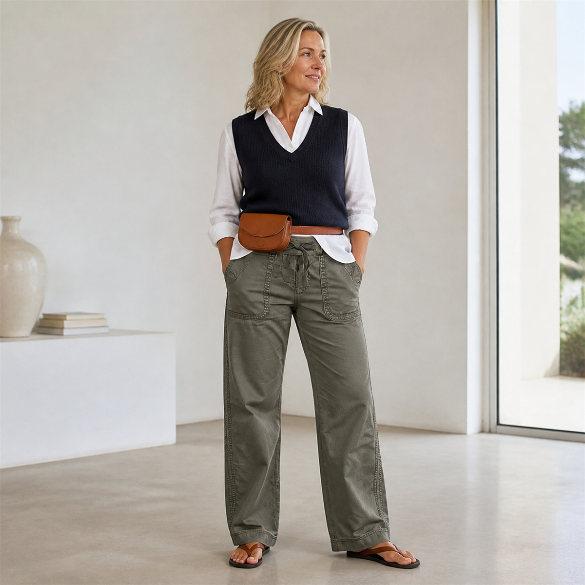 Pantalon cargo décontracté femme à taille coulissée et poches arrondies - Deuxième idée de tenue