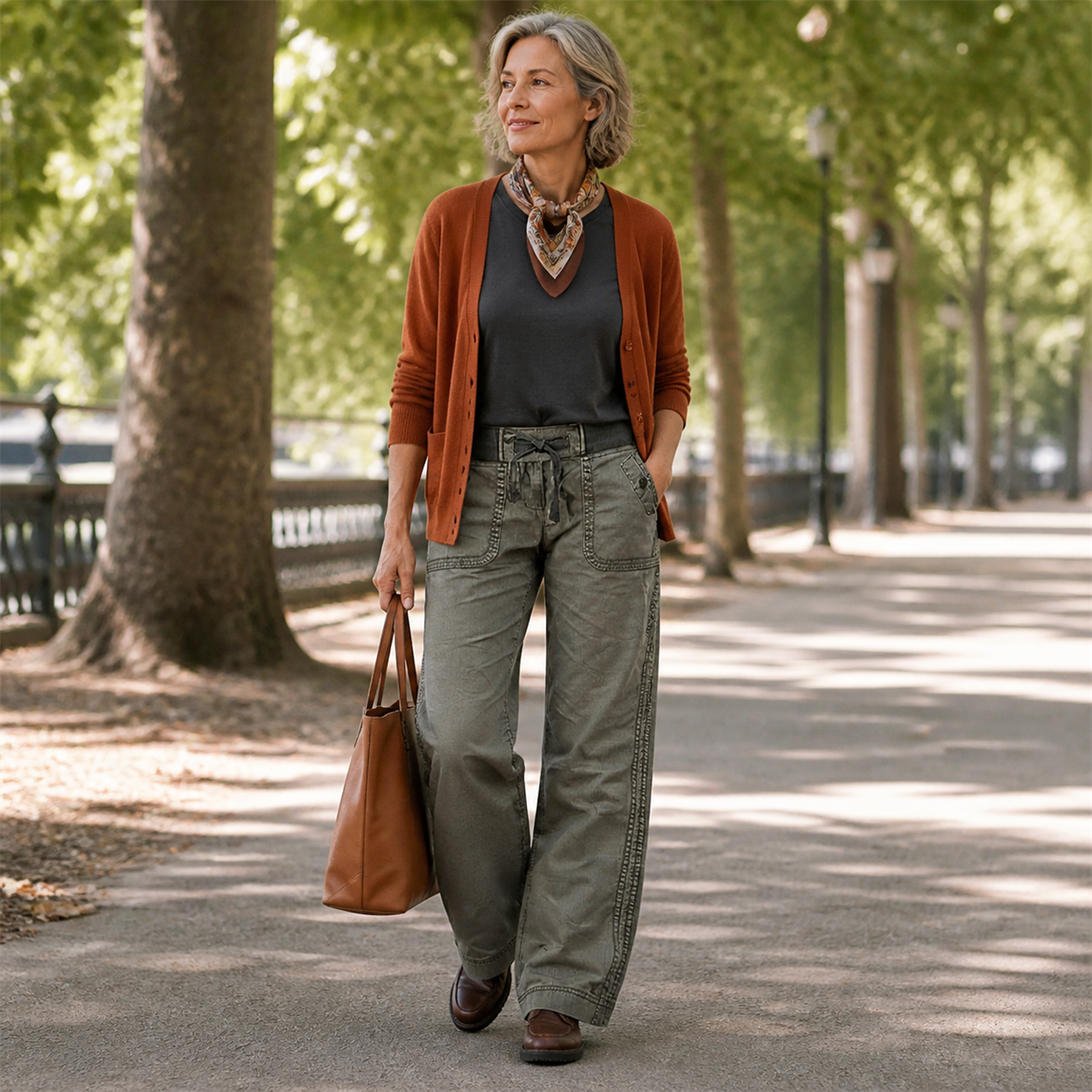 Pantalon cargo décontracté femme à taille coulissée et poches arrondies - Troisième idée de tenue