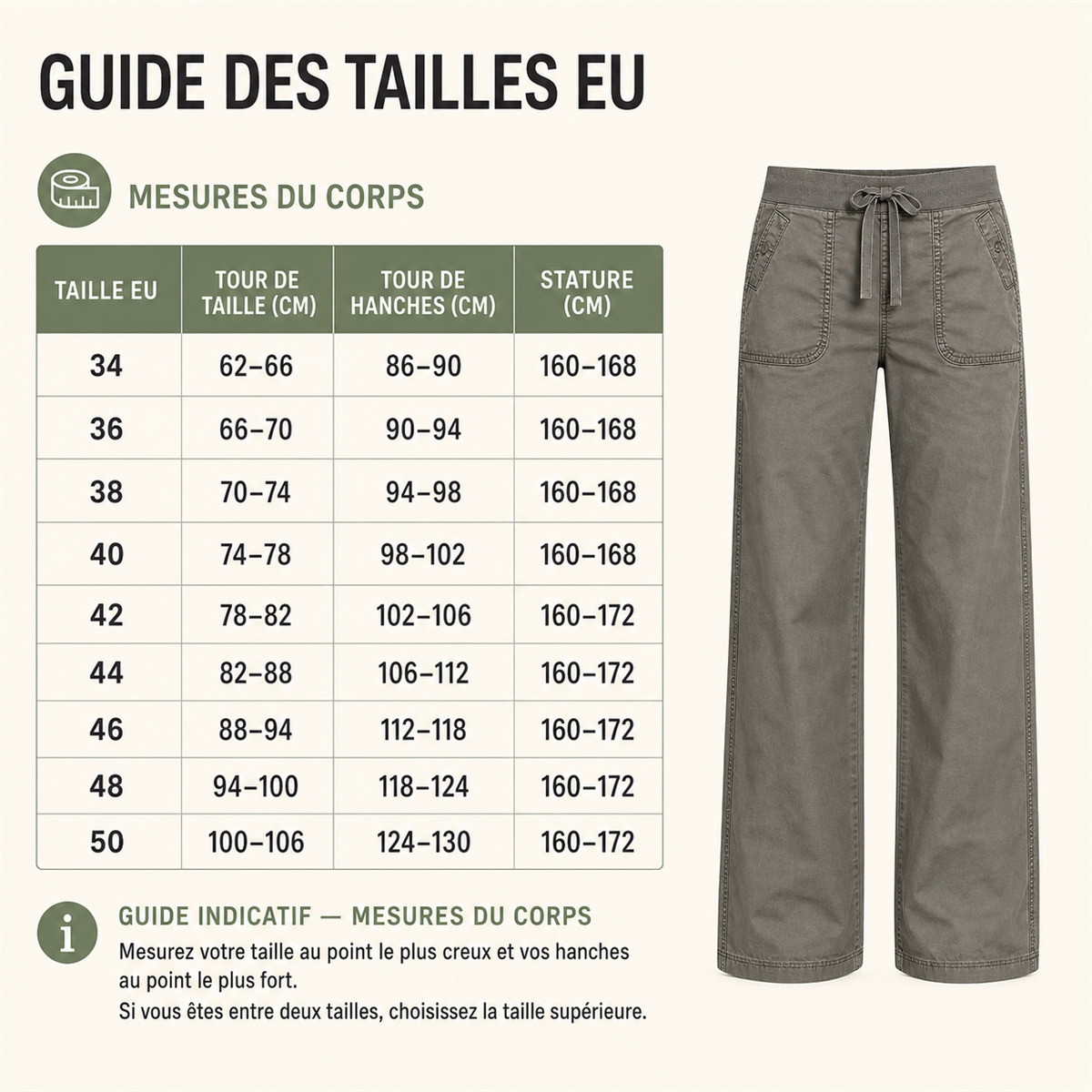Pantalon cargo décontracté femme à taille coulissée et poches arrondies - Guide indicatif des tailles EU