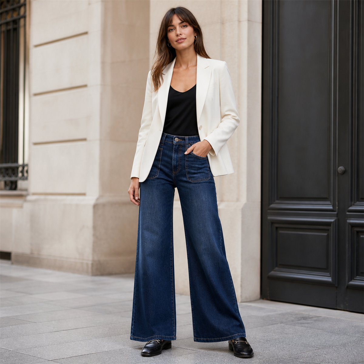 Jean large femme à poches plaquées et coupe décontractée - Première idée de tenue