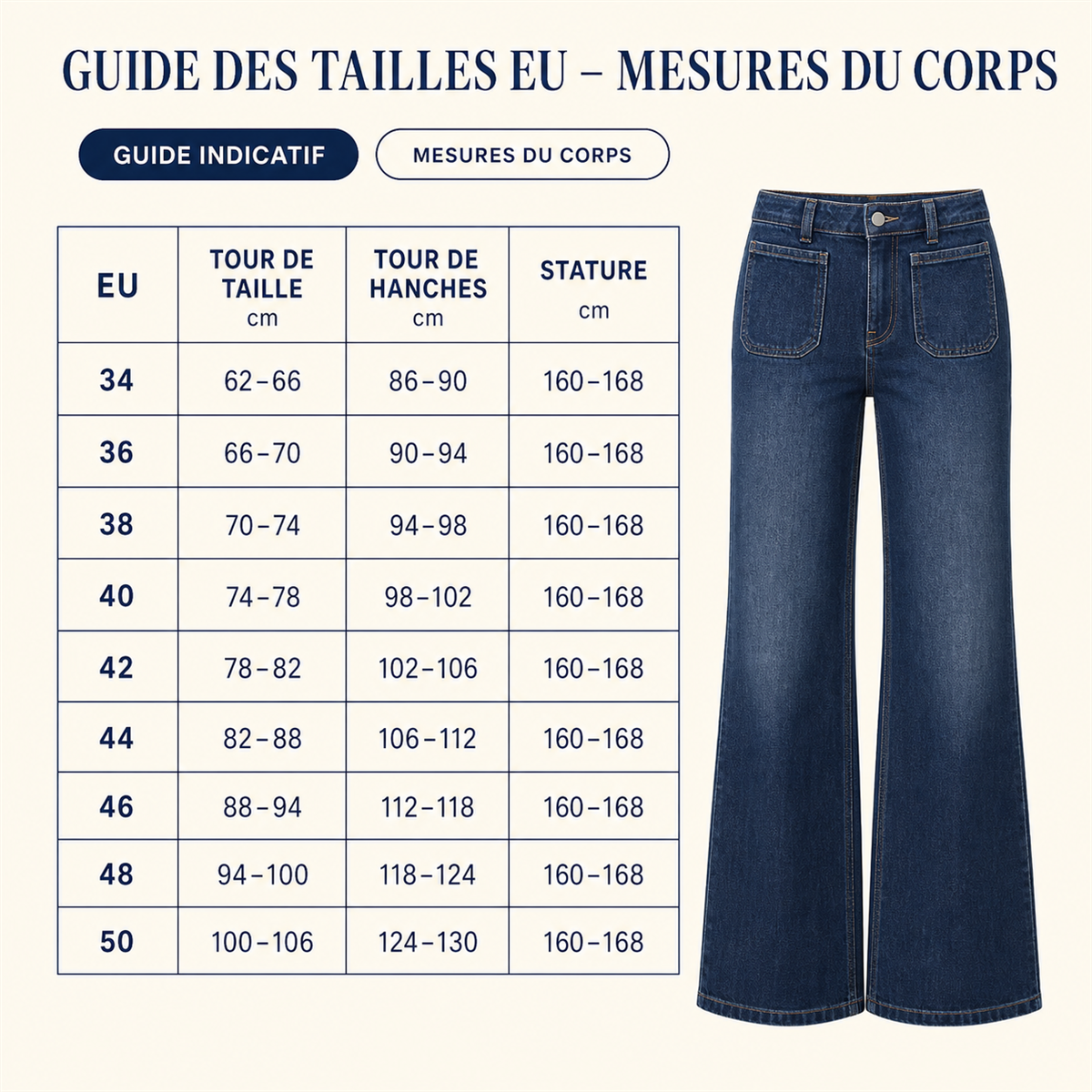 Jean large femme à poches plaquées et coupe décontractée - Guide indicatif des tailles EU