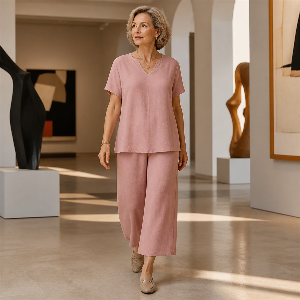 Ensemble femme 2 pièces décontracté avec haut ample et pantalon court large - Première idée de tenue