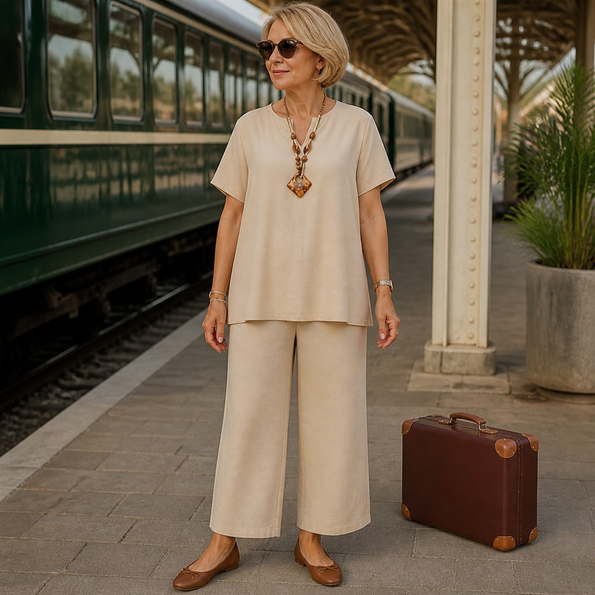 Ensemble femme 2 pièces décontracté avec haut ample et pantalon court large - Deuxième idée de tenue