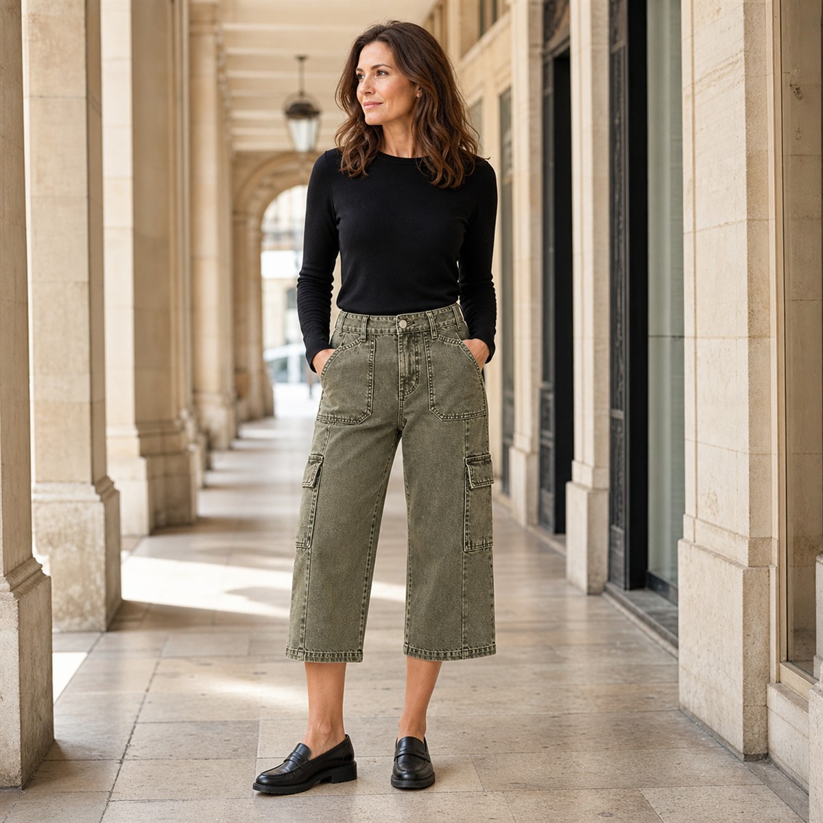 Pantalon cargo court femme à jambe large et poches multiples - Silhouette en ville