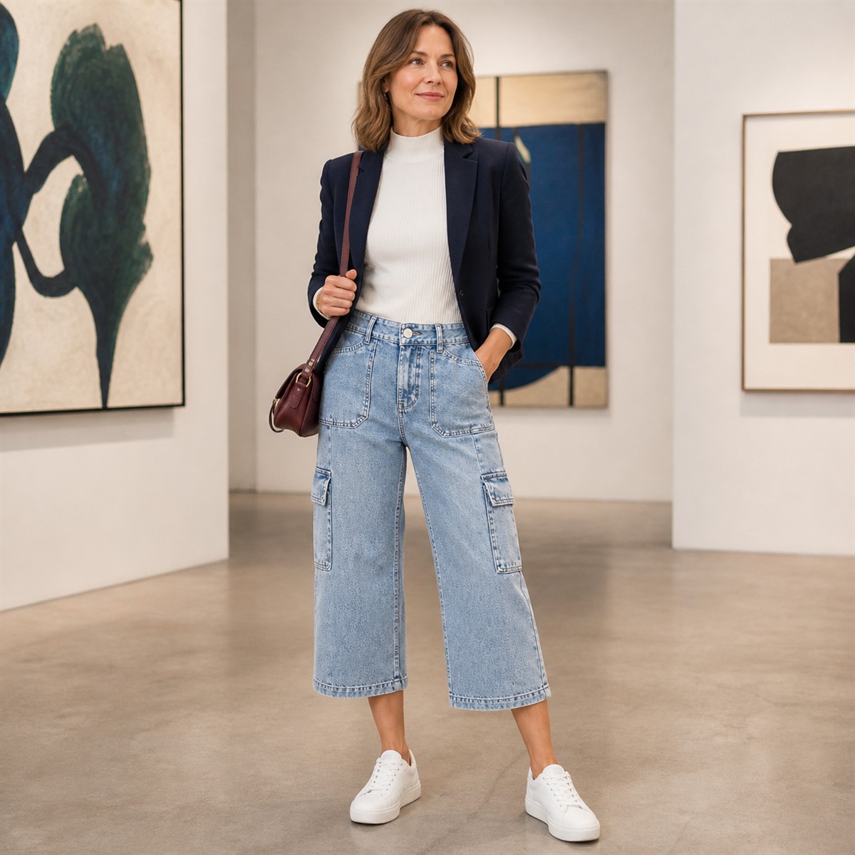 Pantalon cargo court femme à jambe large et poches multiples - Deuxième idée de tenue