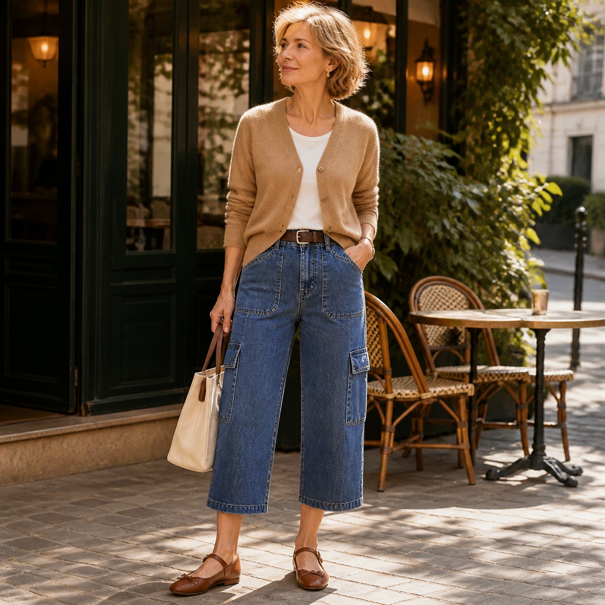 Pantalon cargo court femme à jambe large et poches multiples - Troisième idée de tenue