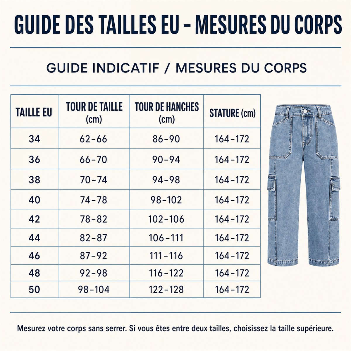 Pantalon cargo court femme à jambe large et poches multiples - Guide indicatif des tailles EU