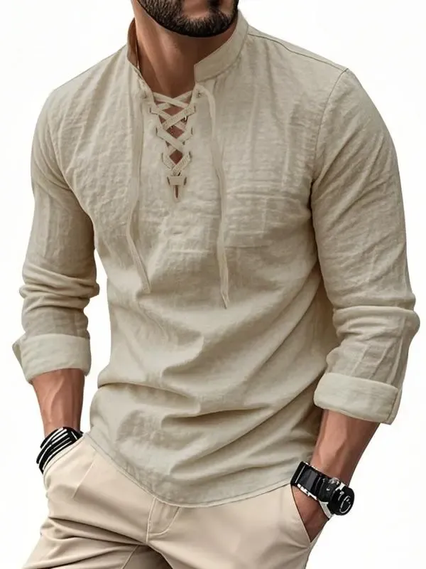 Men's Linen Casual Long Sleeve Polo Shirt