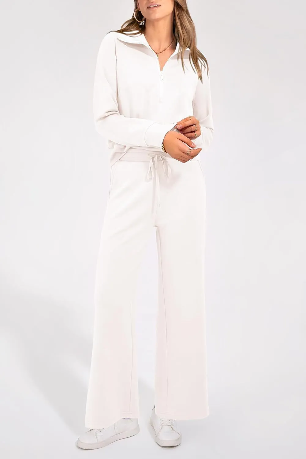 Women's 2 Piece Outfits Casual Lapel Half Zip Sweatshirts And Wide Leg Pants Tracksuit Sets