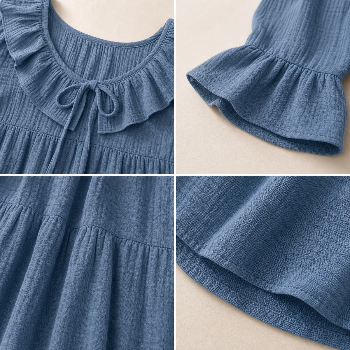 1tu0722002 ruffle neckline tie bow sleeve cuff and crinkle gauze details