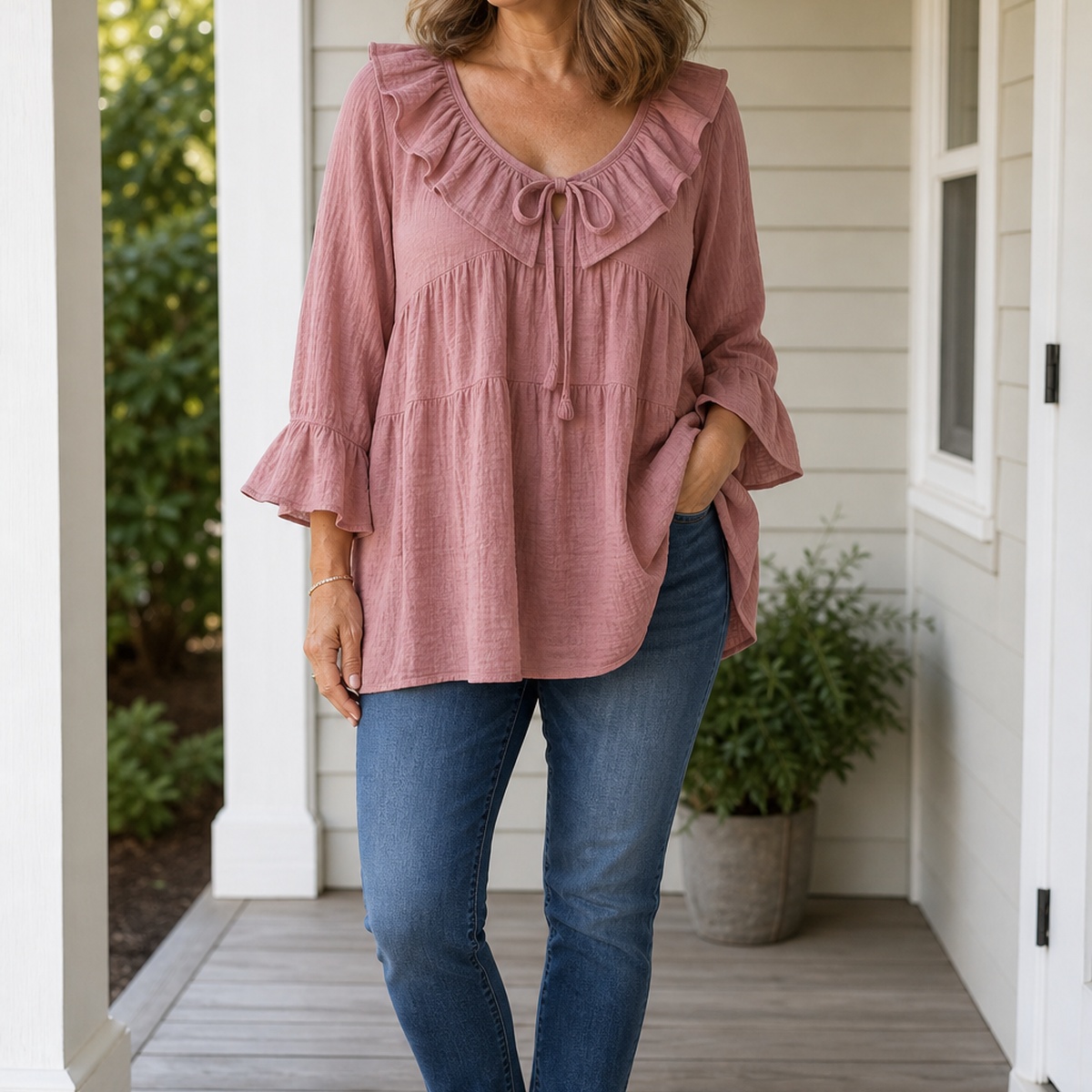 1tu0722002 Dusty Rose ruffle tie-neck gauze tunic blouse