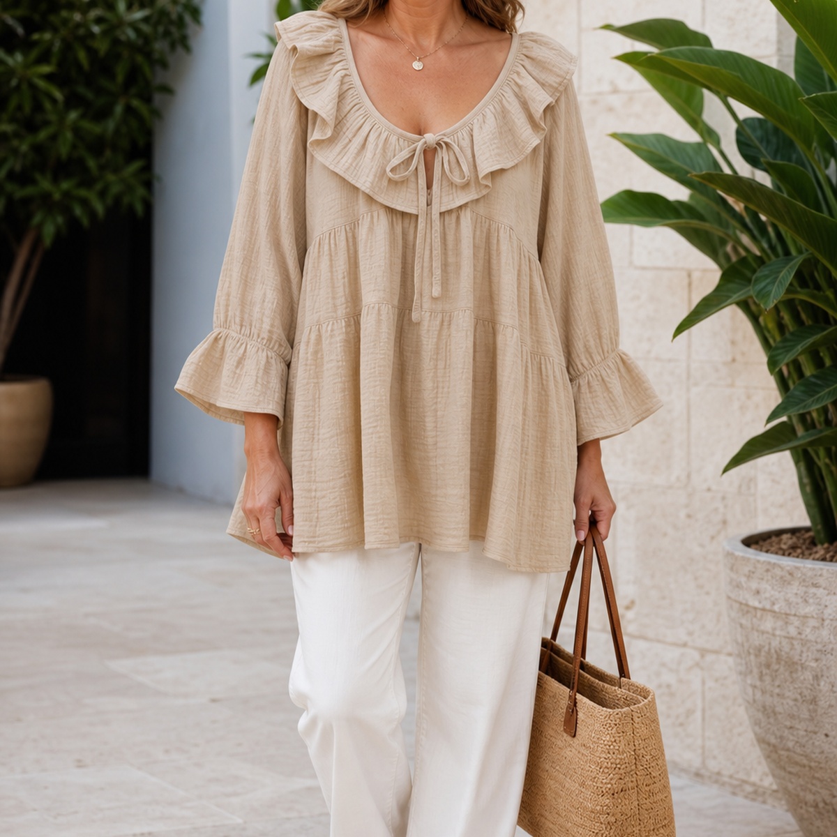 1tu0722002 Khaki ruffle tie-neck gauze tunic blouse
