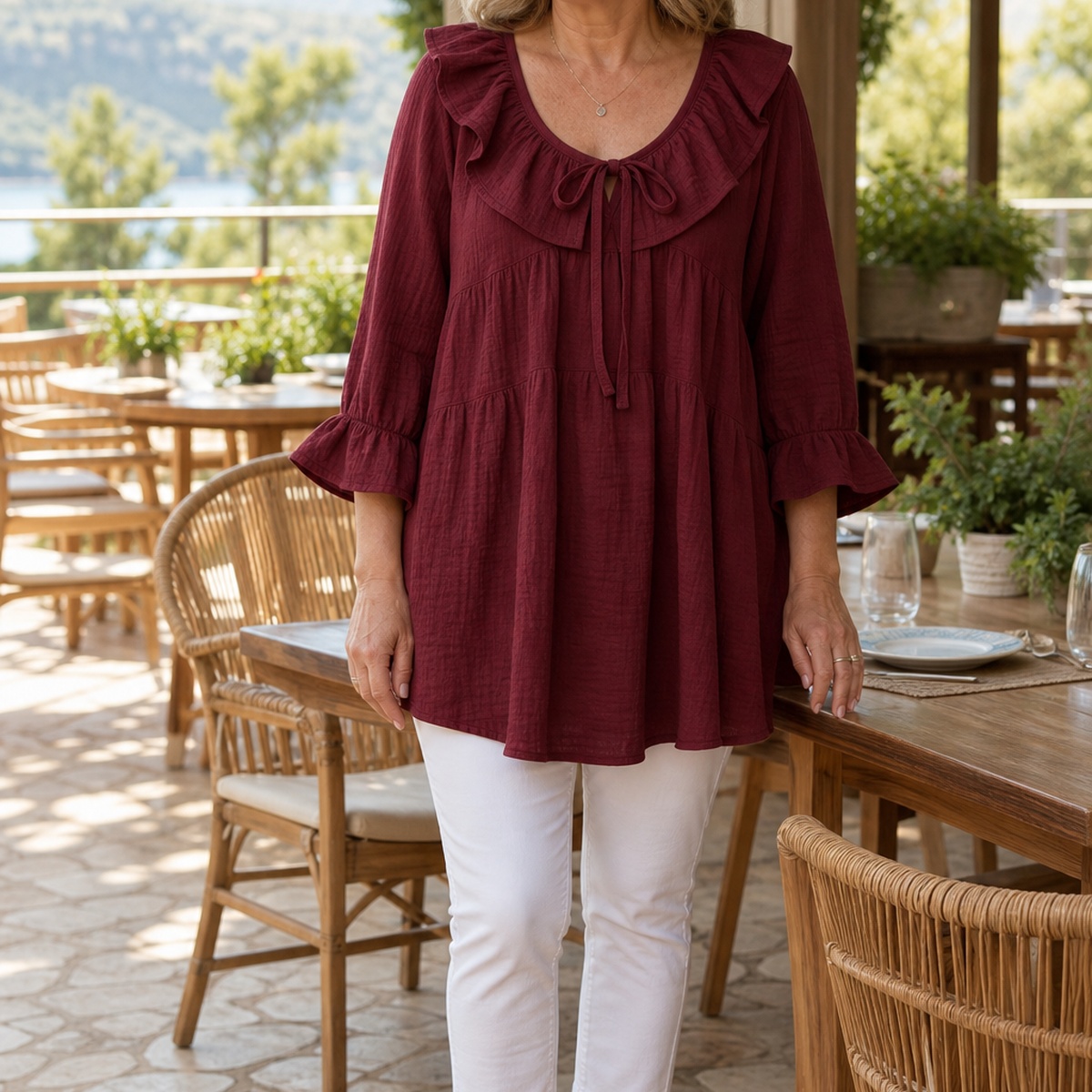 1tu0722002 Wine ruffle tie-neck gauze tunic blouse