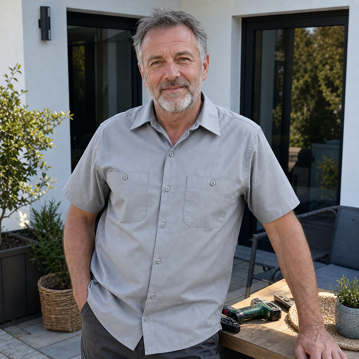 1tu0731001 Homme en chemise de travail gris clair à manches courtes sur une terrasse