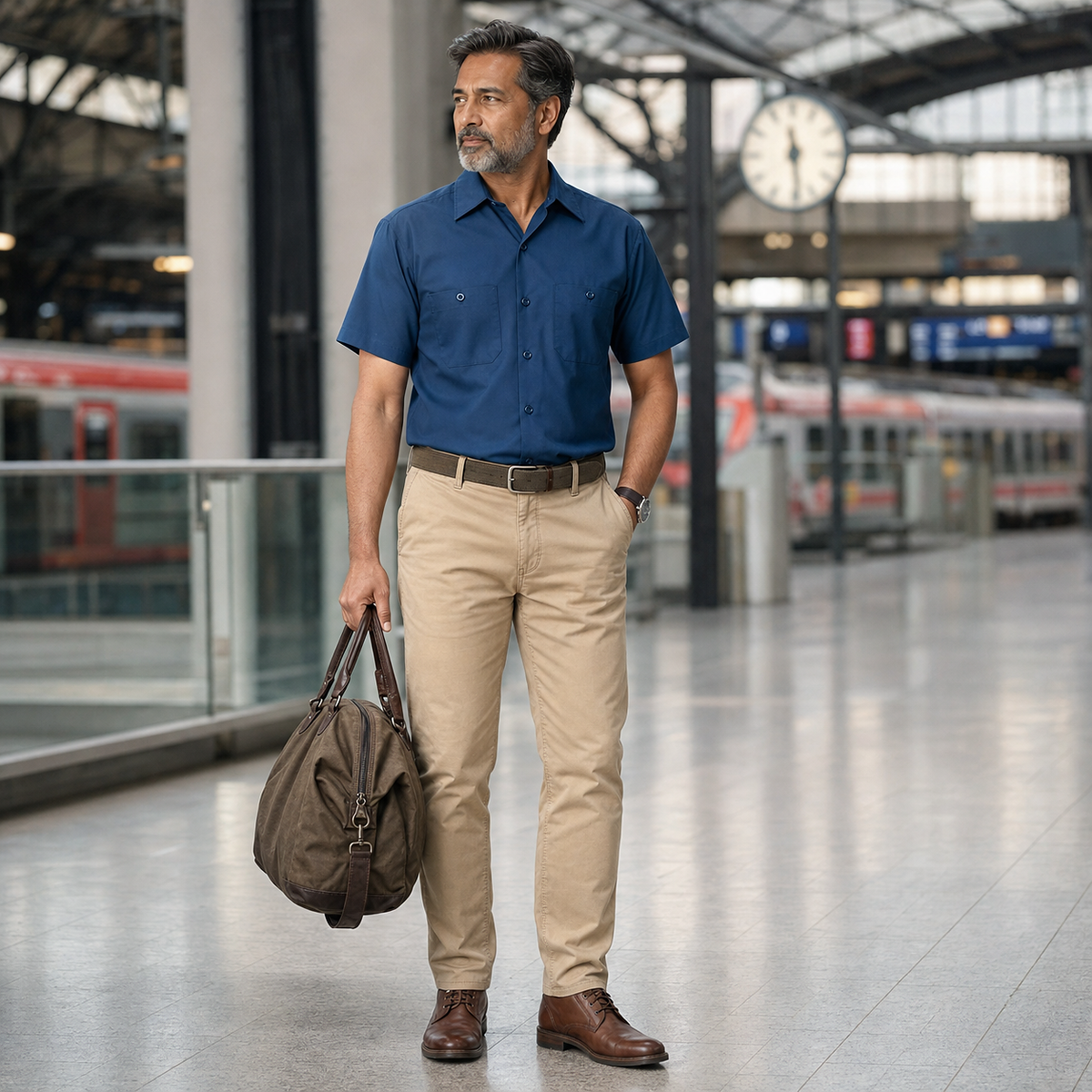 1tu0731001 chemise de travail bleu foncé avec chino clair comme tenue de voyage