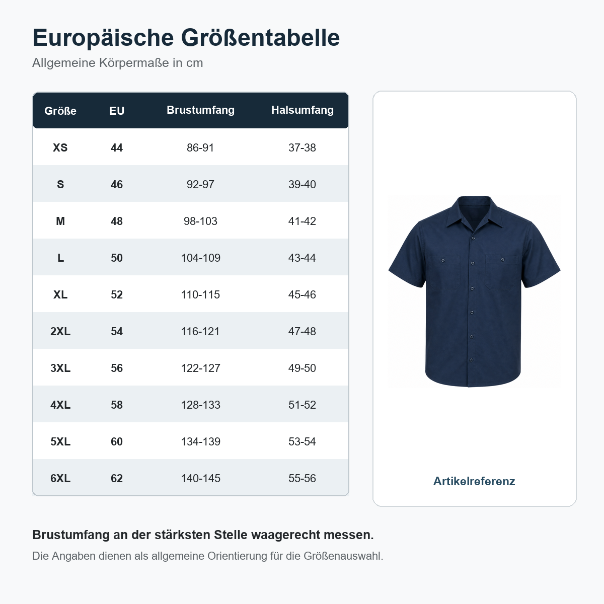 1tu0731001 tableau des tailles européennes XS à 6XL avec chemise de travail de référence