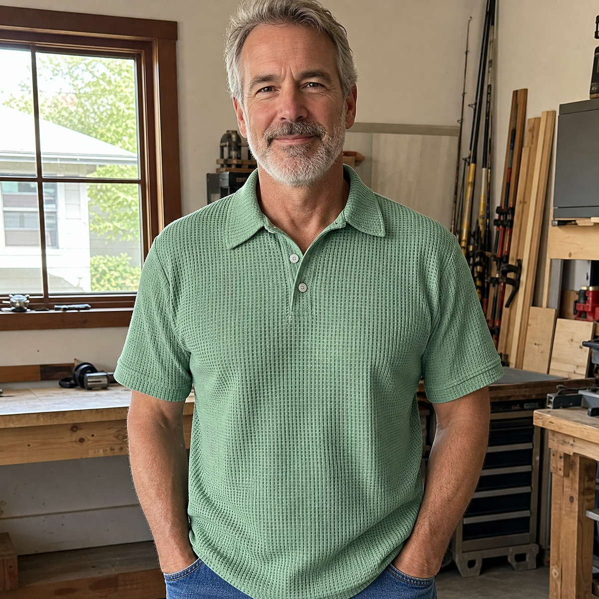 1tu0731002 mature man wearing the sage green textured polo in a home workshop