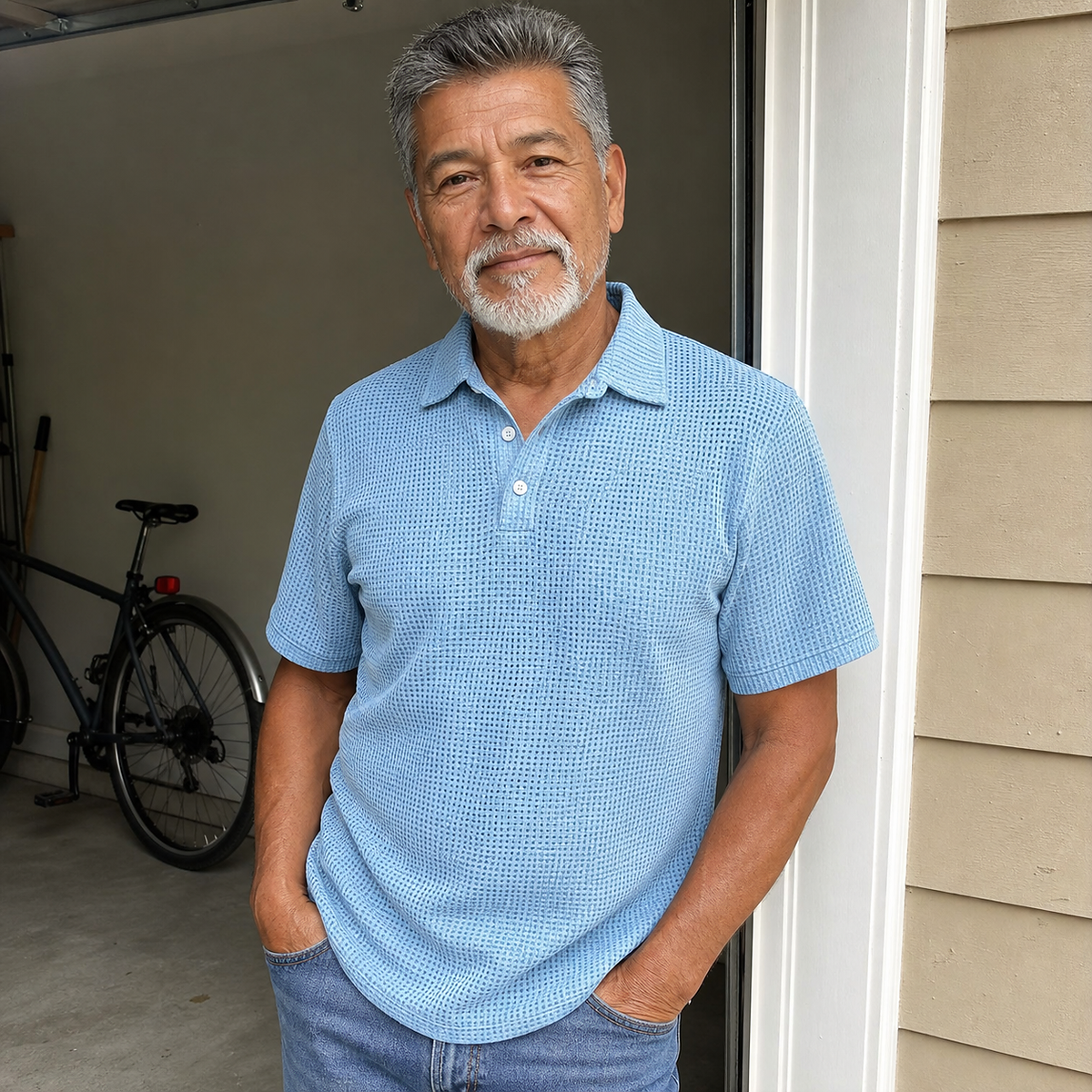 1tu0731002 mature man wearing the sky blue textured polo near a garage