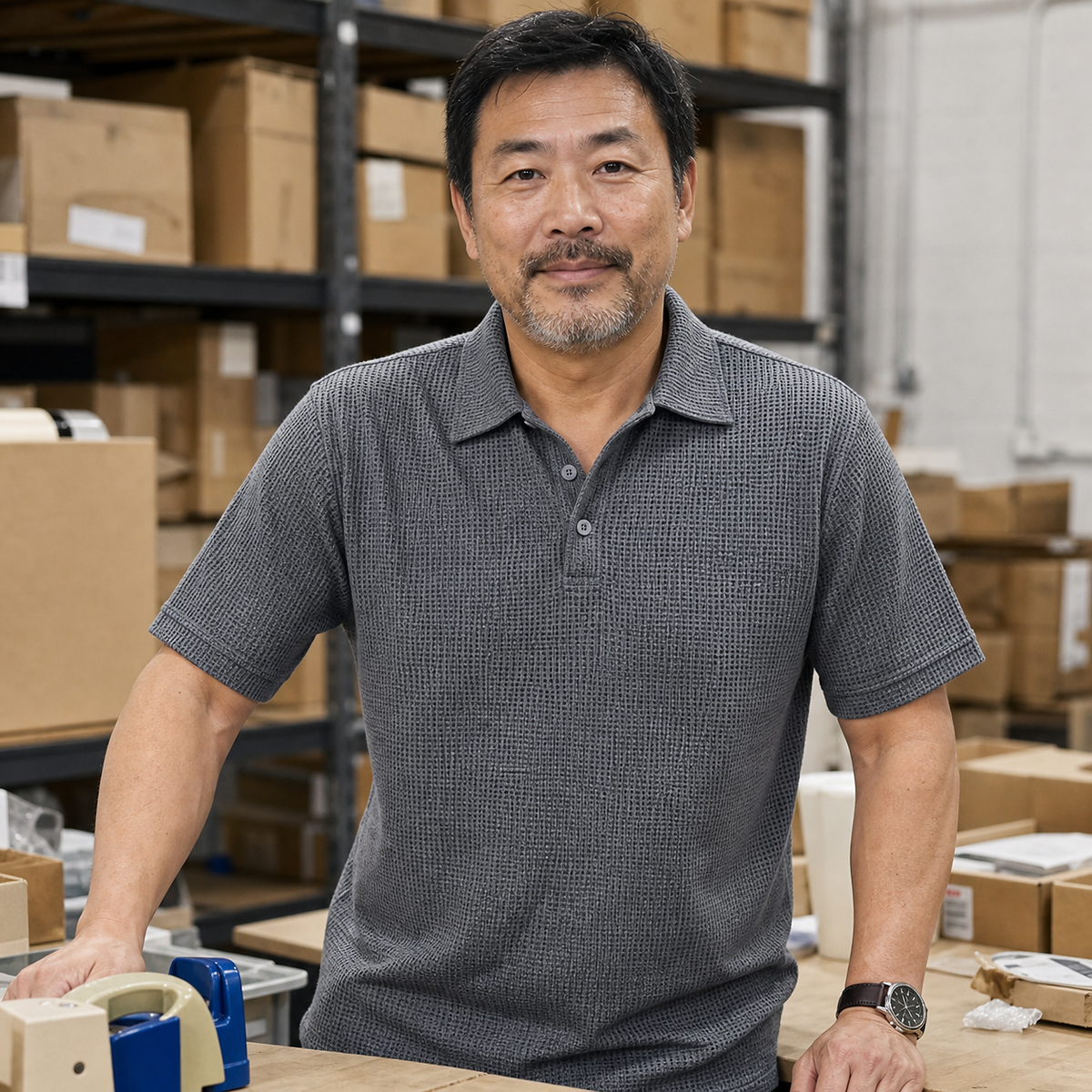 1tu0731002 mature man wearing the charcoal textured polo in a warehouse