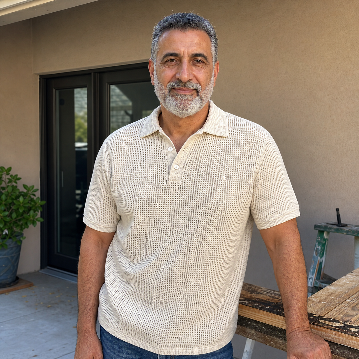 1tu0731002 mature man wearing the sand textured polo on a patio