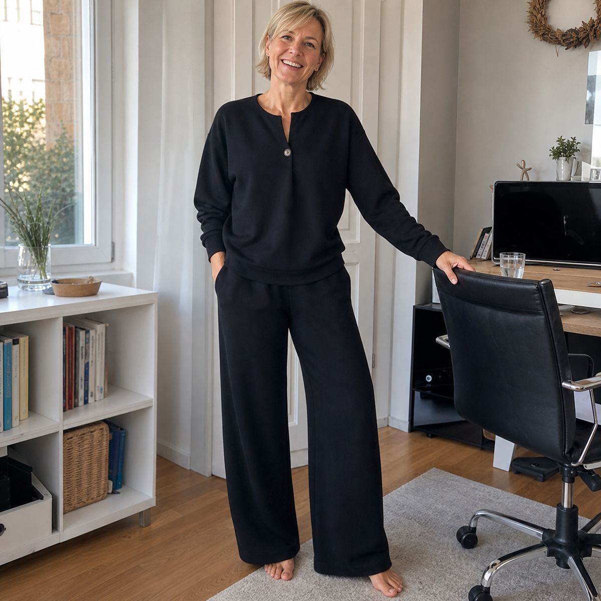 1tu0731003 Frau im schwarzen Zweiteiler im Homeoffice