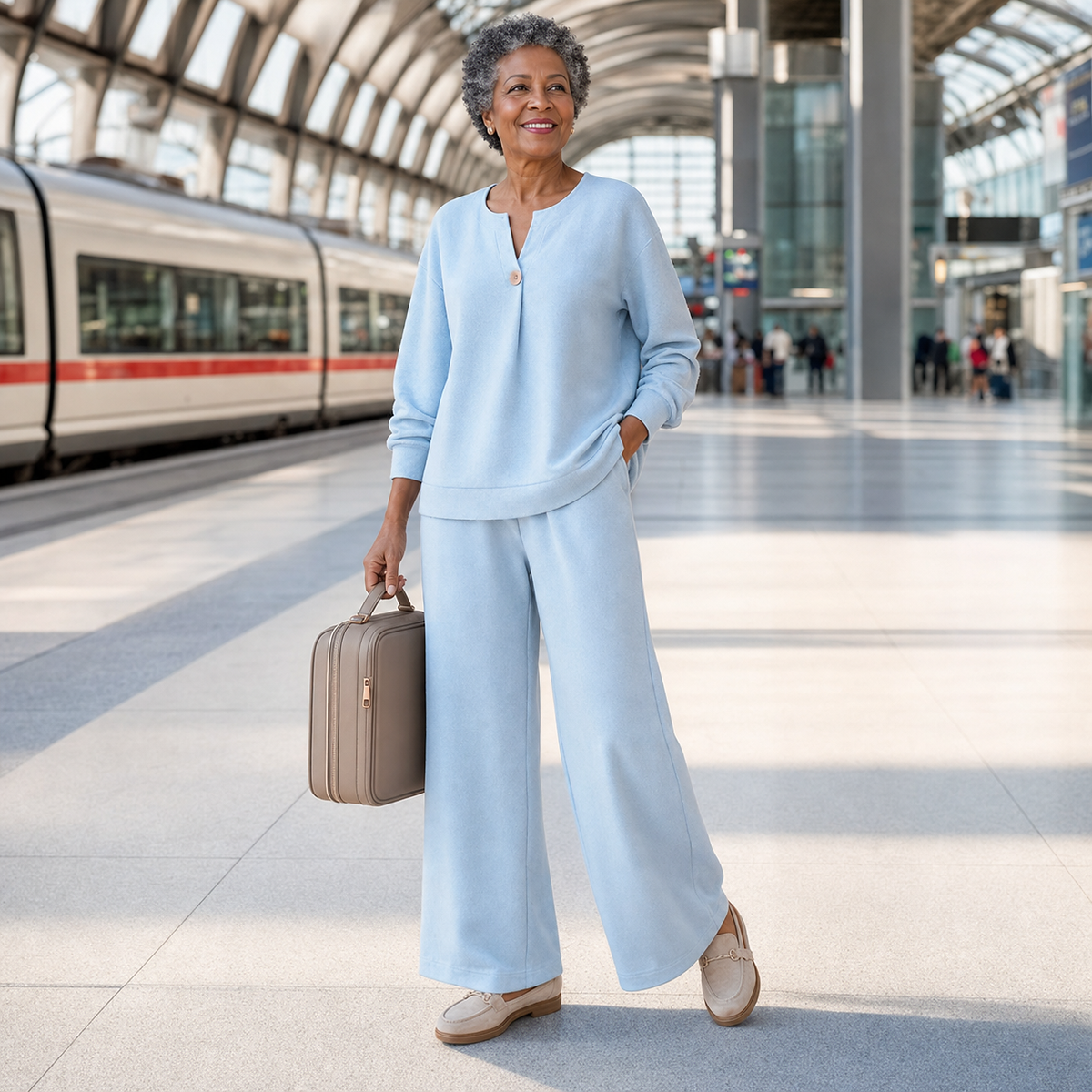 1tu0731003 hellblauer Damen-Zweiteiler mit Loafern und Reisetasche