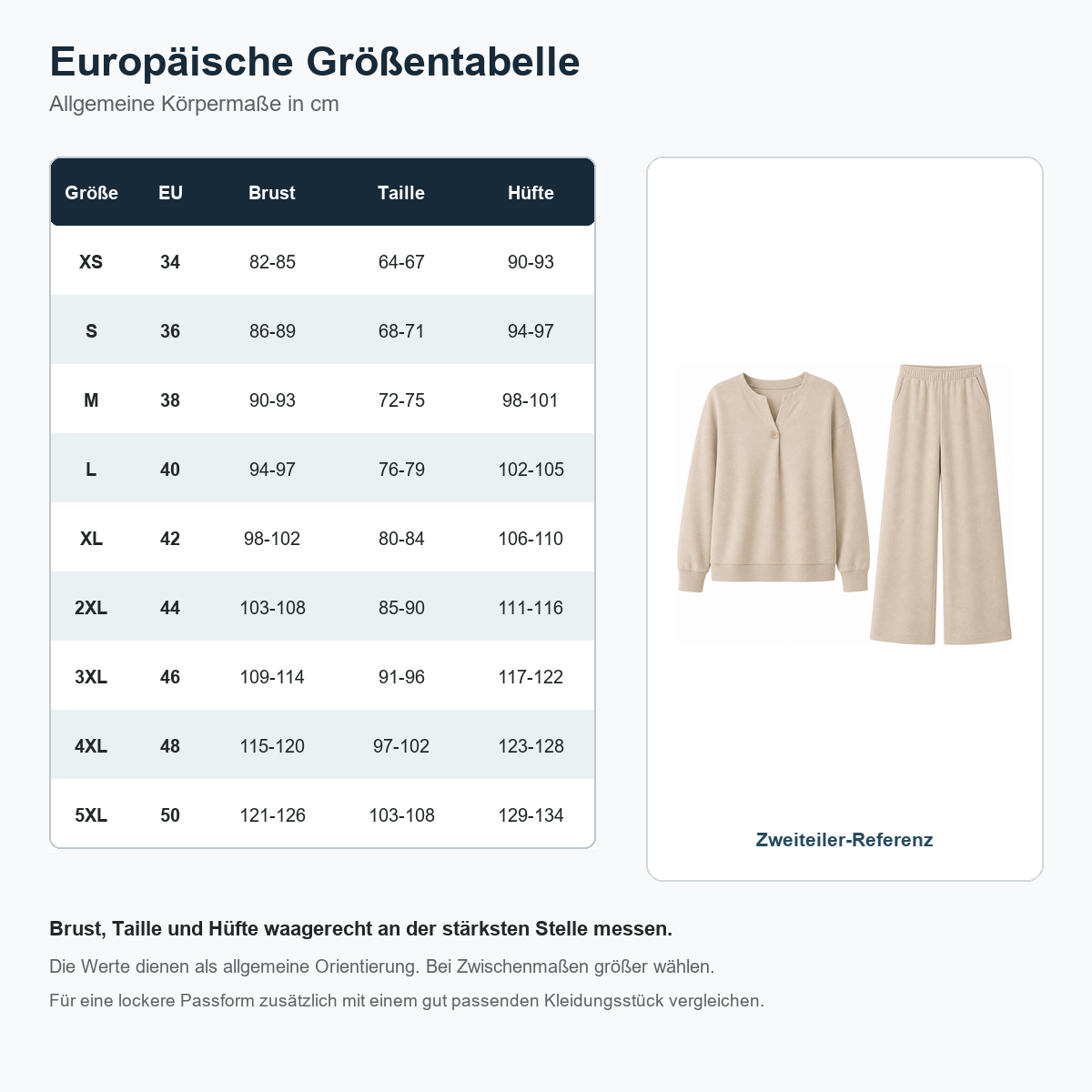 1tu0731003 europäische Damen Größentabelle XS bis 5XL mit Produktreferenz