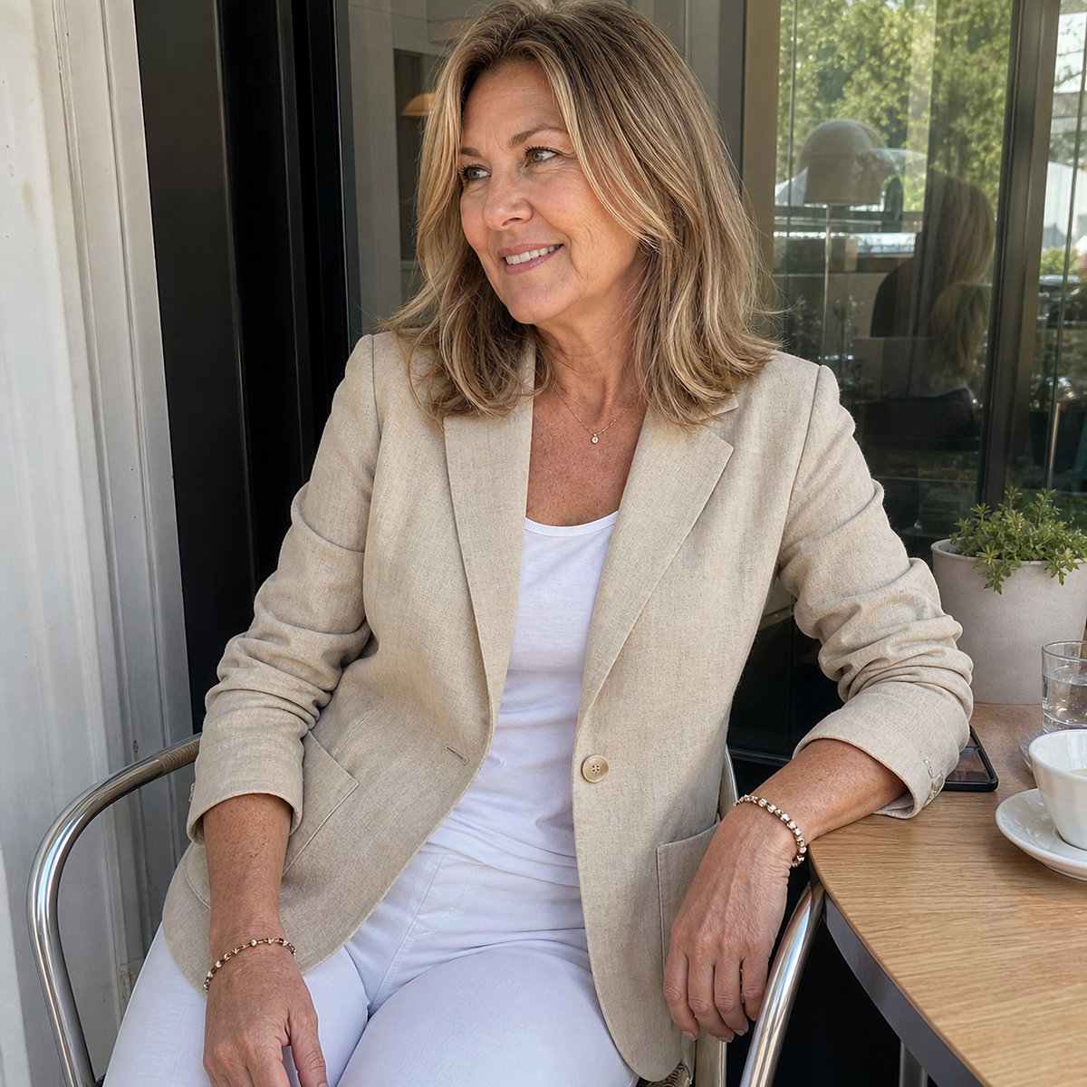 1tu0731004 Frau im naturbeigen Blazer im Café