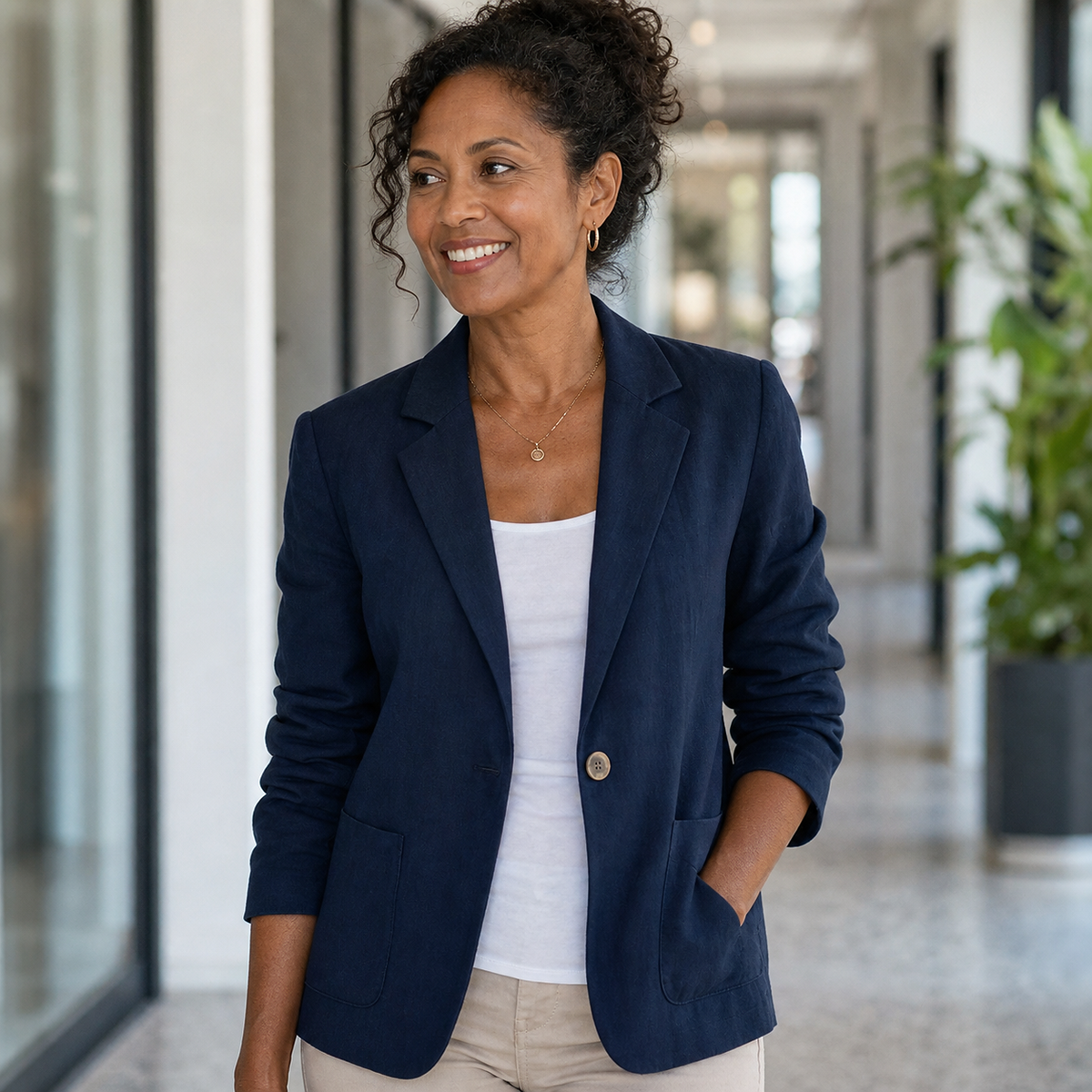 1tu0731004 Frau im marineblauen Blazer im Büro