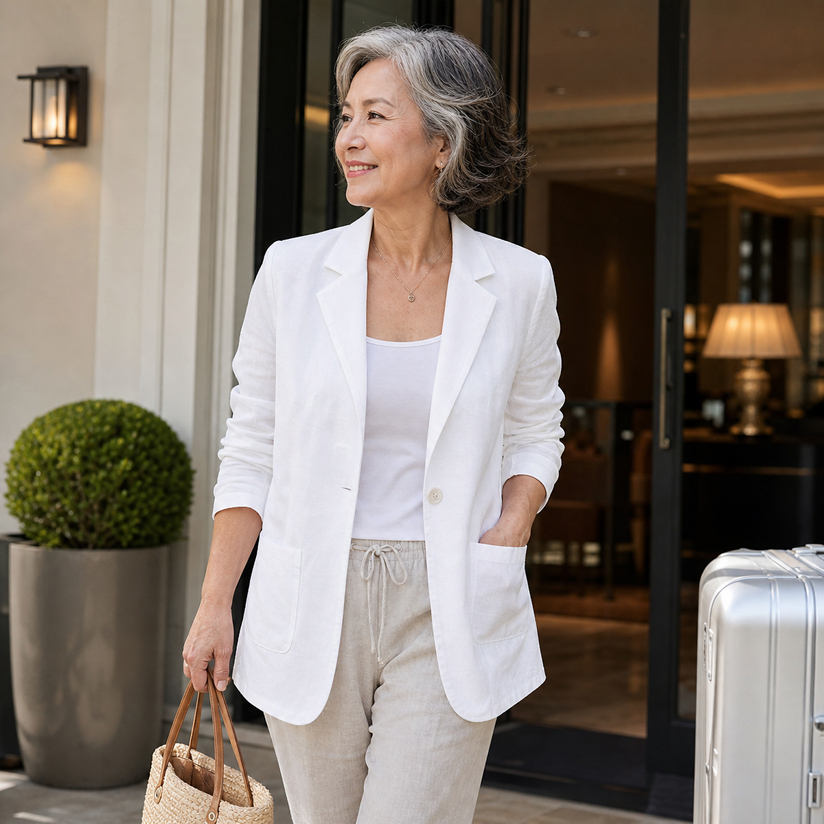 1tu0731004 Frau im weißen Blazer vor einem Hotel