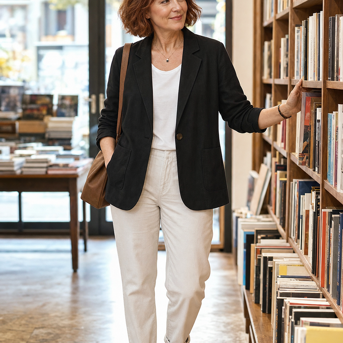 1tu0731004 Frau im schwarzen Blazer in einer Buchhandlung