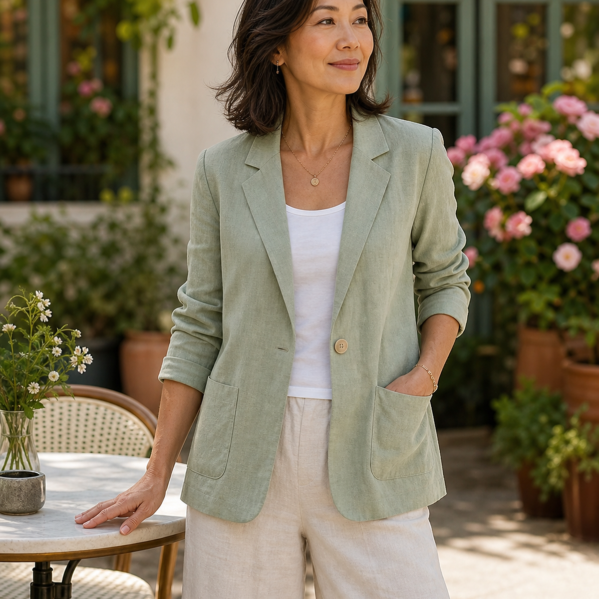 1tu0731004 Frau im salbeigrünen Blazer in einem Gartencafé