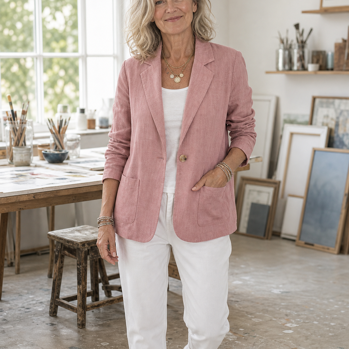 1tu0731004 Frau im altrosa Blazer in einem Atelier