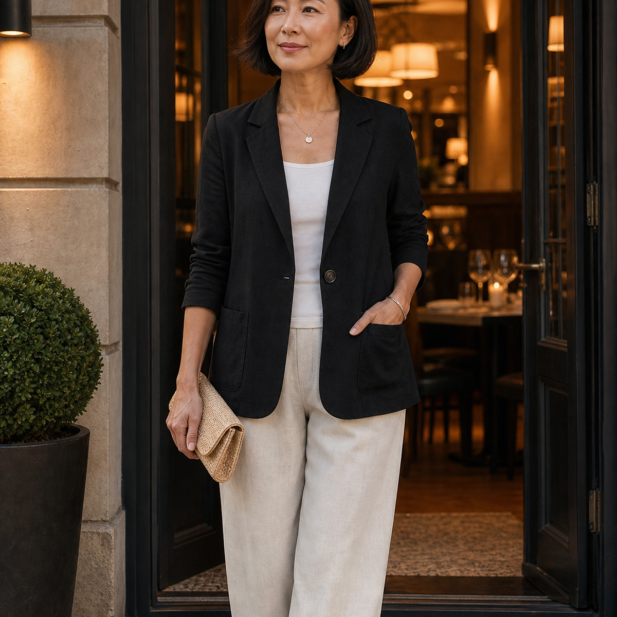 1tu0731004 Frau im schwarzen Blazer vor einem Restaurant