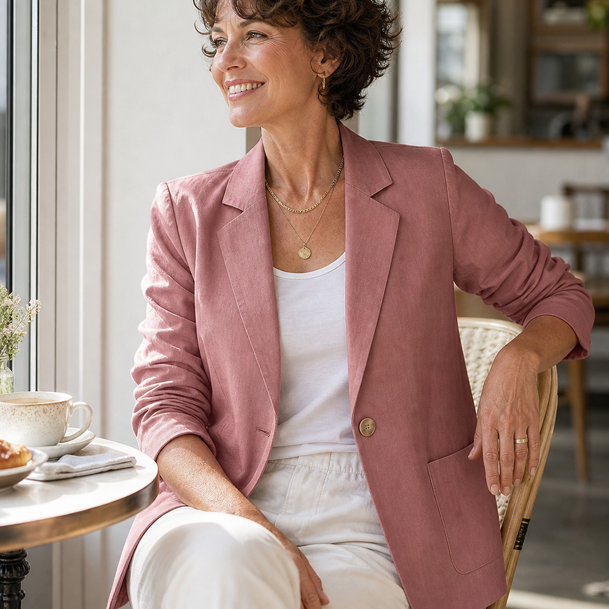 1tu0731004 Frau im altrosa Blazer beim Brunch