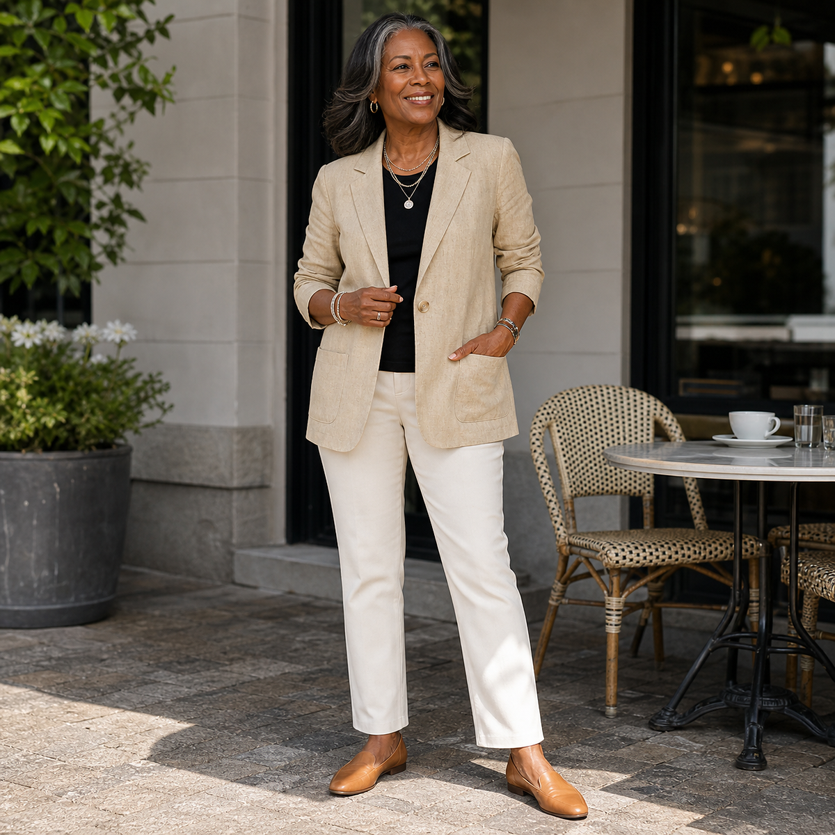 1tu0731004 camelfarbener Damenblazer mit cremefarbener Hose im Café