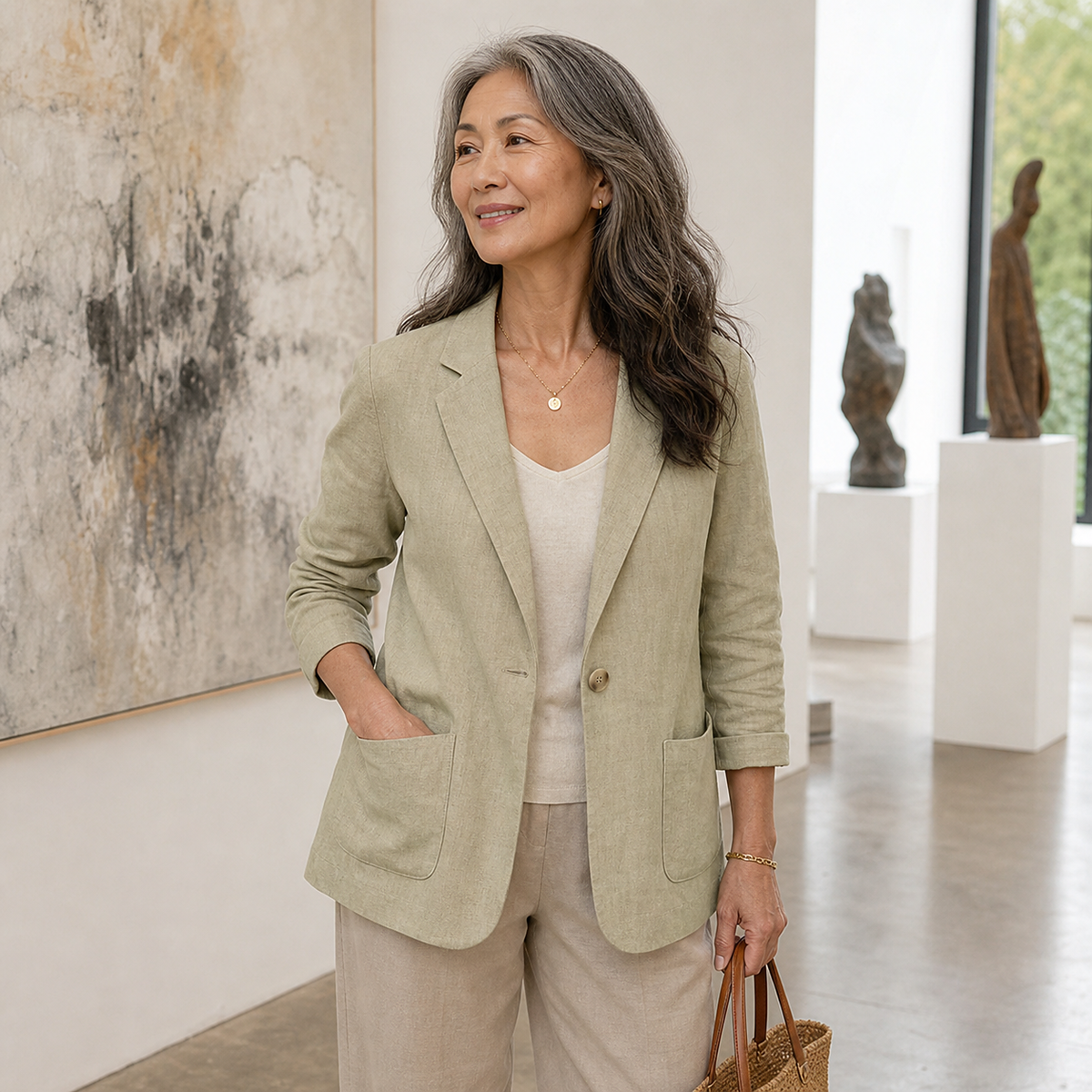 1tu0731004 Frau im salbeigrünen Freizeitblazer in einer Galerie