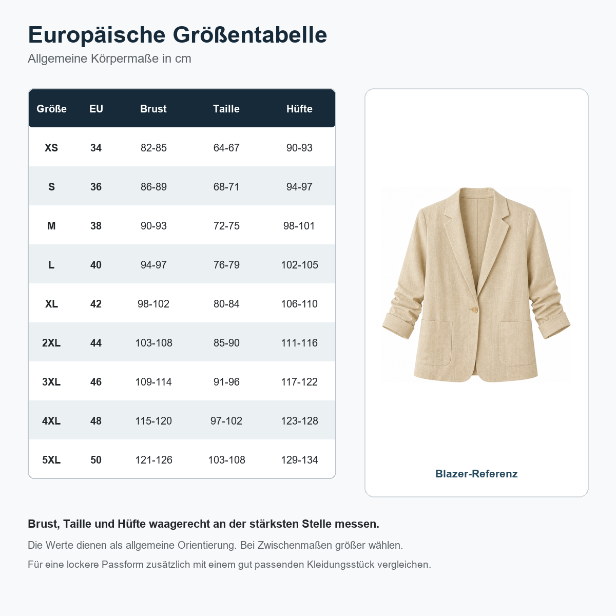 1tu0731004 europäische Damen Größentabelle XS bis 5XL mit Produktreferenz