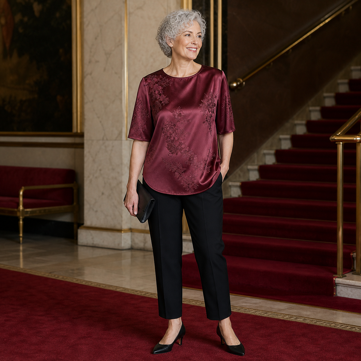 1tu0803002 wine floral blouse with black ankle trousers