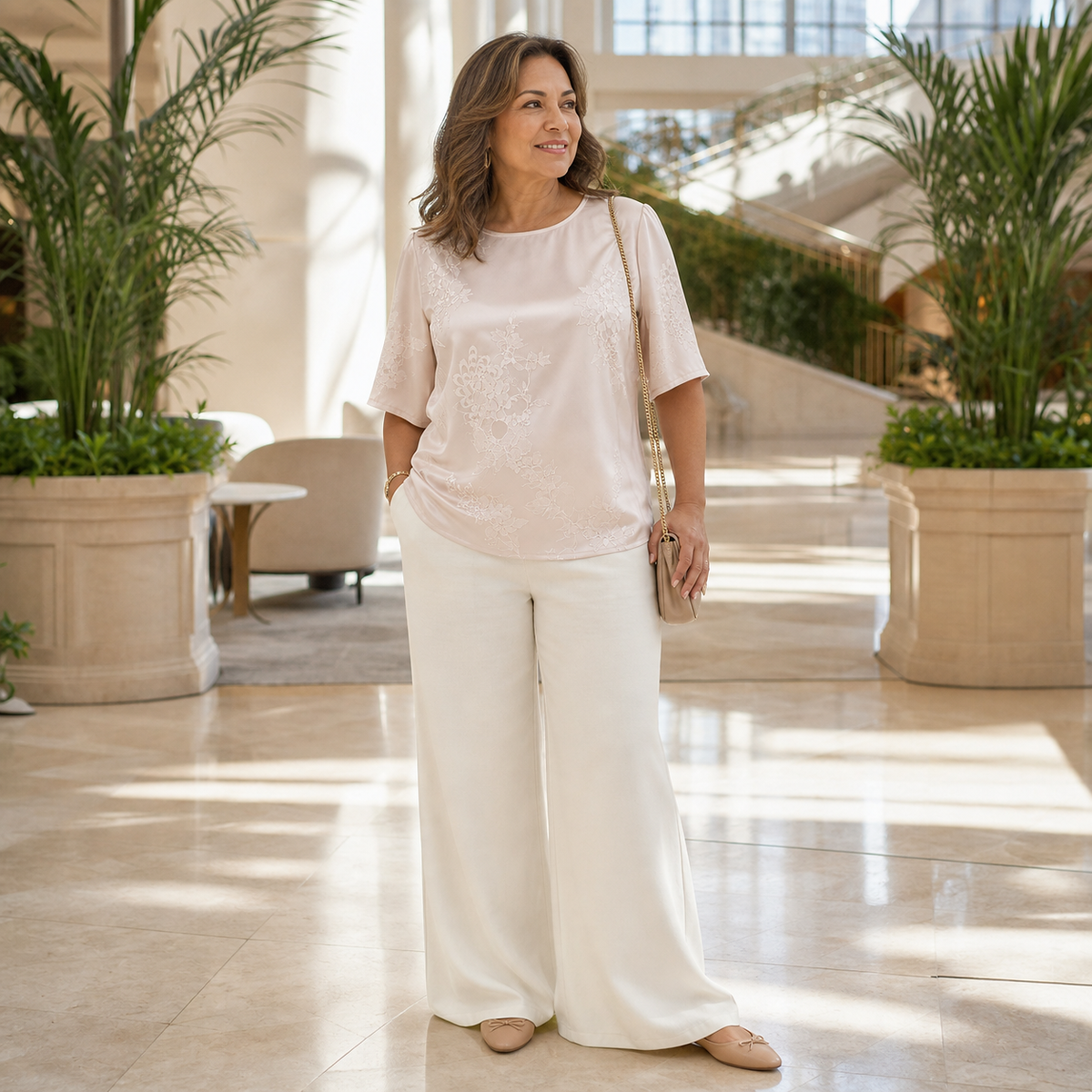 1tu0803002 blush pink floral blouse with cream trousers