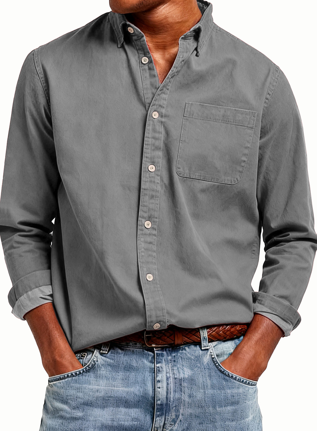 Men's Fashion Retro Pure Cotton Pocket Collar Long-Sleeve Shirt