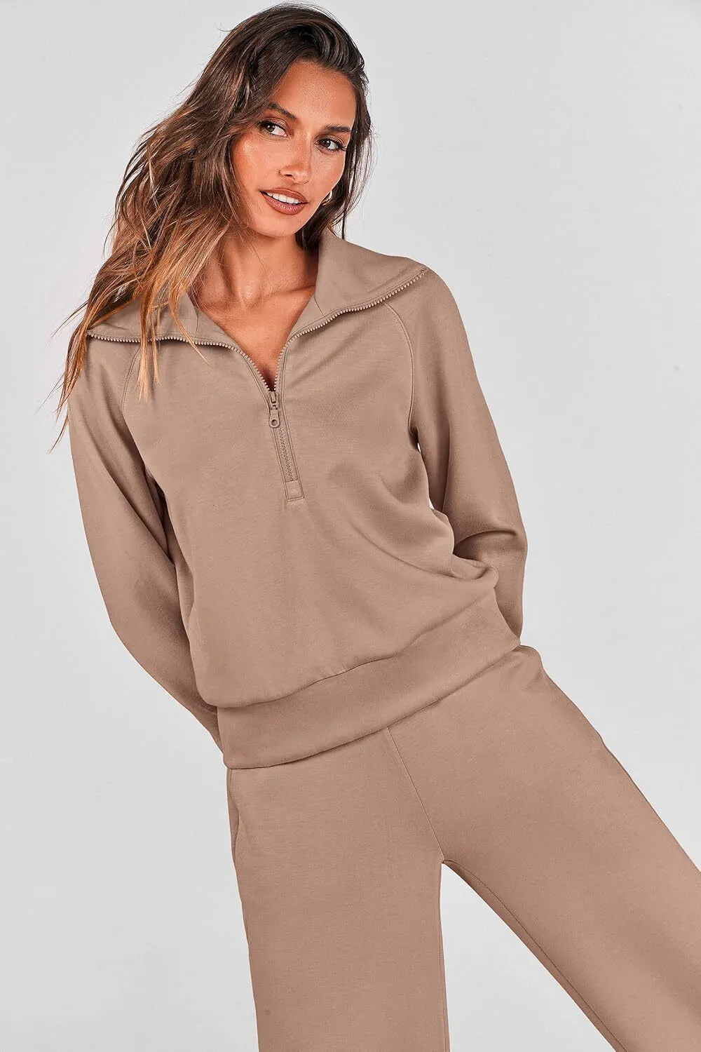 Women's 2 Piece Outfits Casual Lapel Half Zip Sweatshirts And Wide Leg Pants Tracksuit Sets