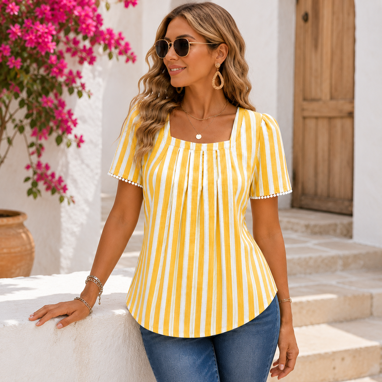 Women’s Fashion Casual Striped Square Neck Short Sleeve Blouse