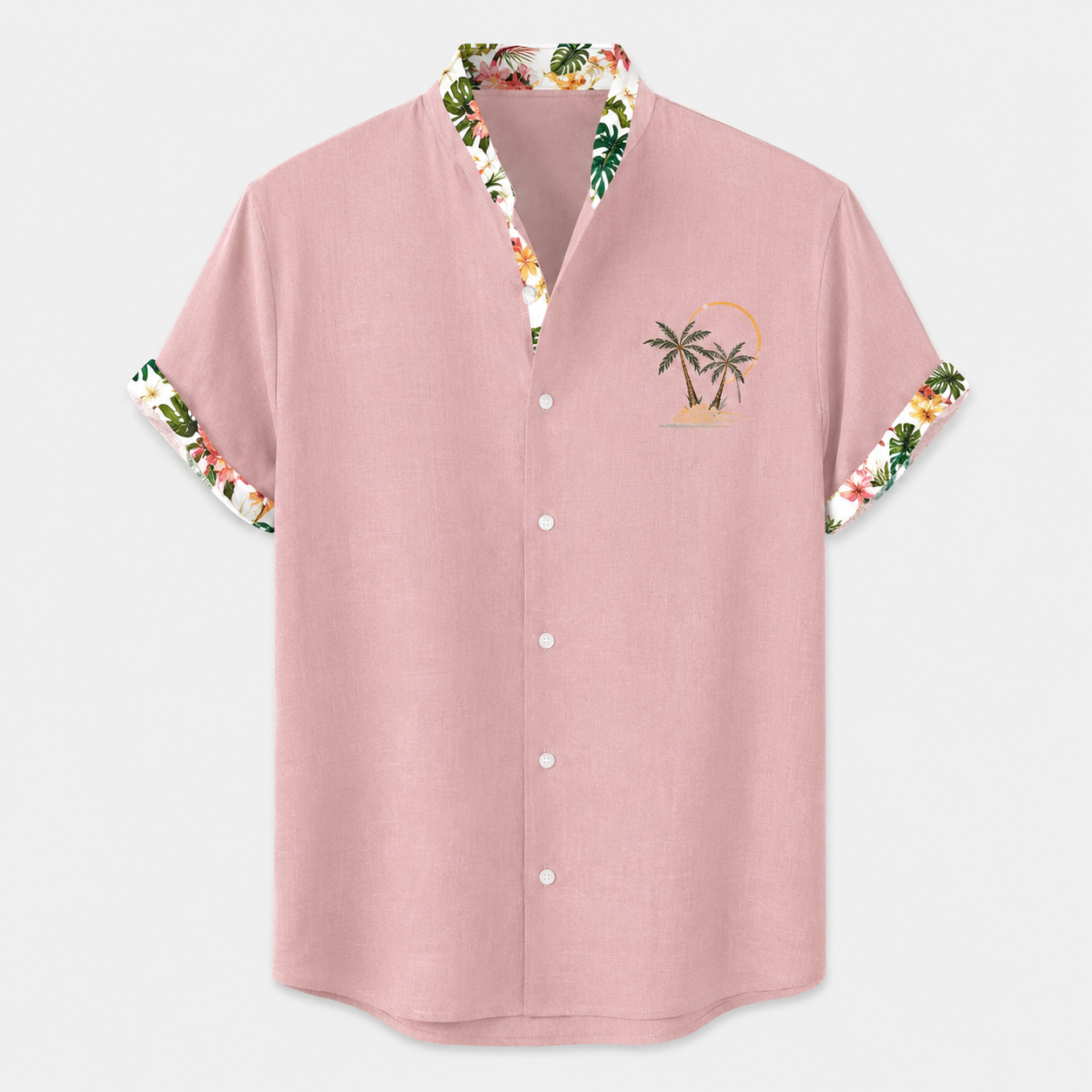Men’s Casual Short Sleeve Button Shirt with Tropical Trim
