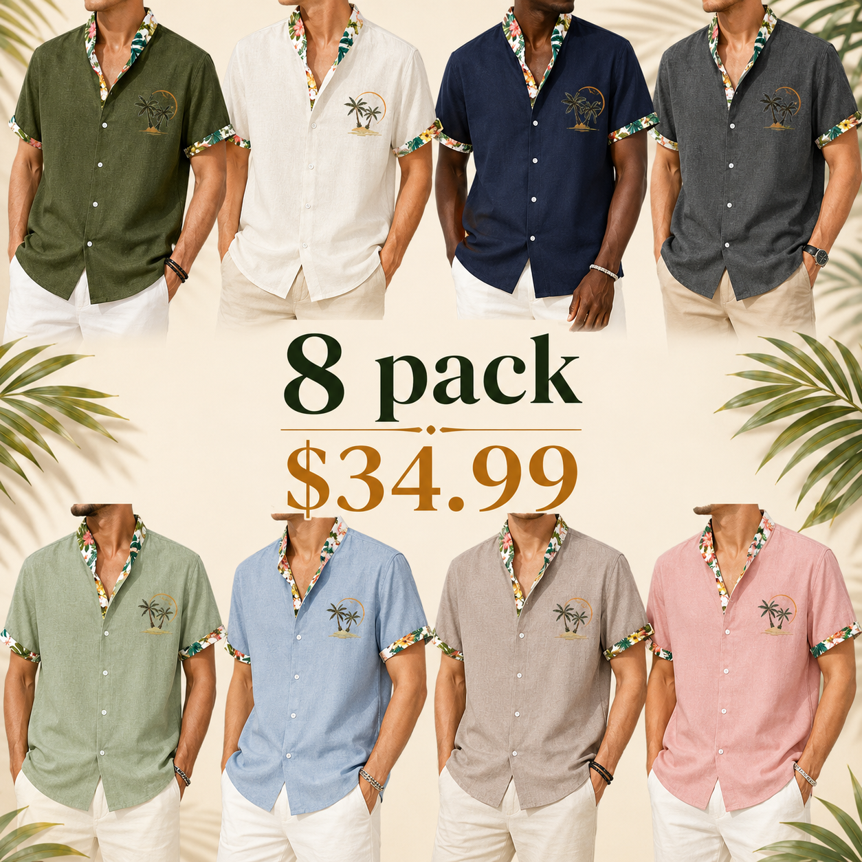 Men’s Casual Short Sleeve Button Shirt with Tropical Trim