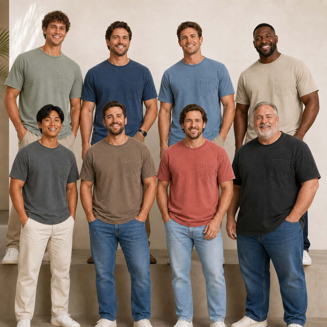 Men's washed pocket T-shirts 8-color group view