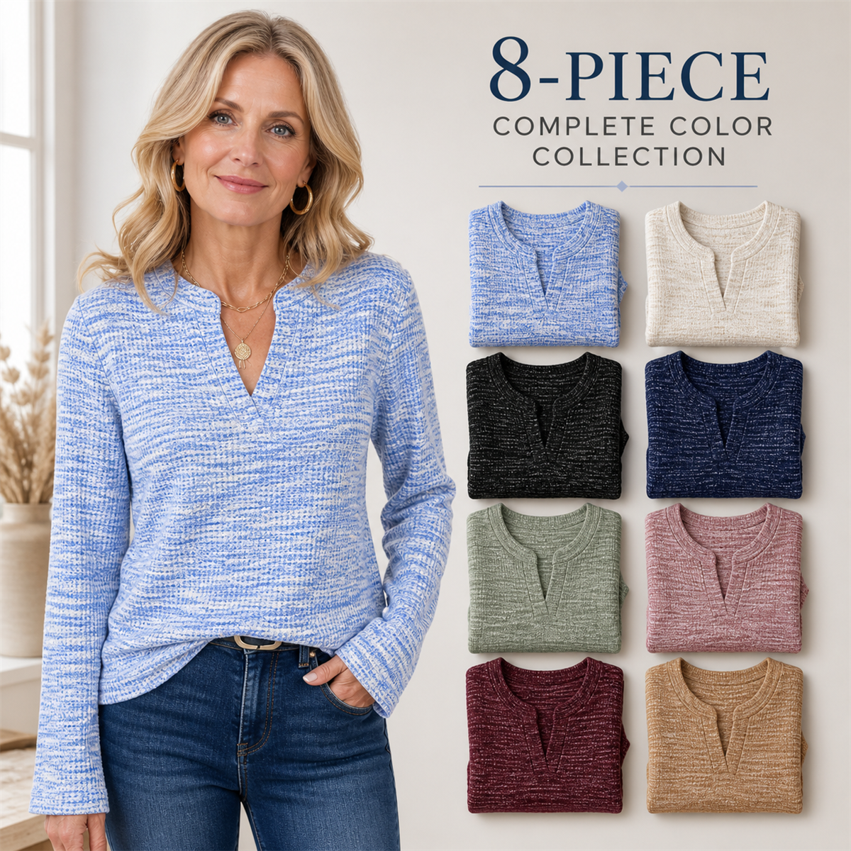 Women's Textured Notch-Neck Long-Sleeve Pullover Top - 8 Piece - Complete Color Collection - 36.99 $