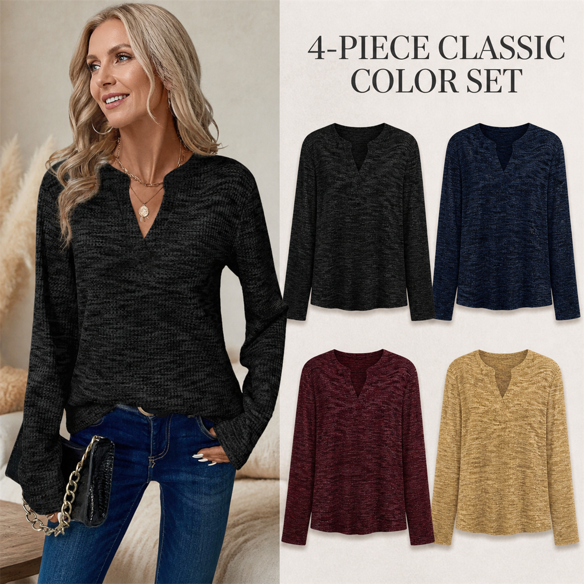 Women's Textured Notch-Neck Long-Sleeve Pullover Top - 4 Piece - Classic Color Set - 26.99 $