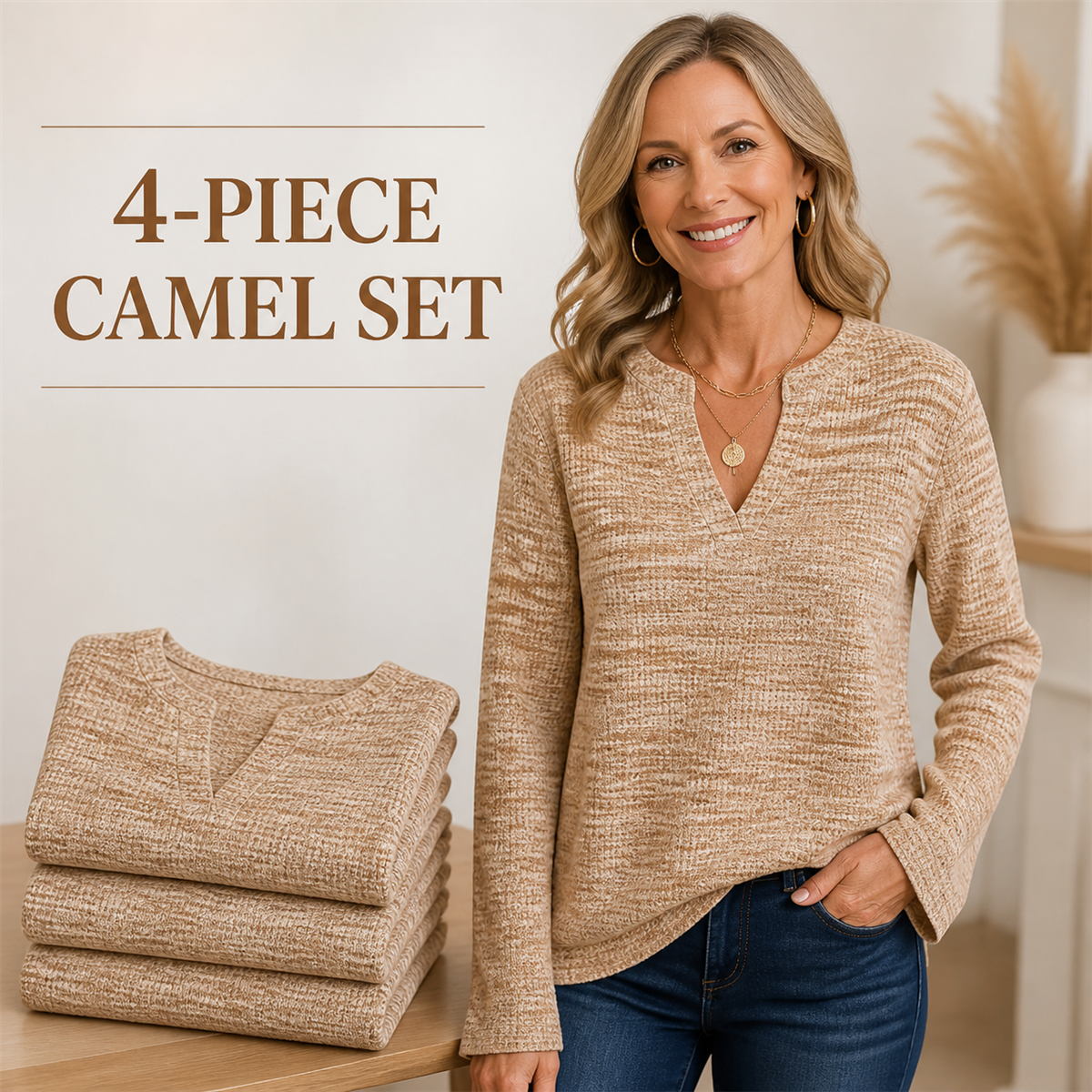 Women's Textured Notch-Neck Long-Sleeve Pullover Top - 4-Piece Camel Set - 26.99 $