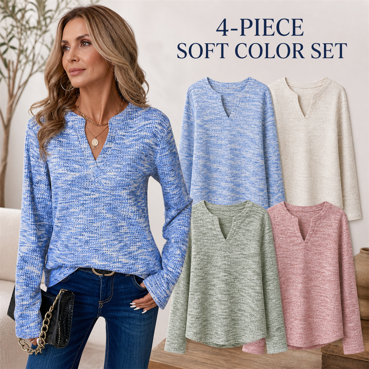 Women's Textured Notch-Neck Long-Sleeve Pullover Top - 4 Piece - Soft Color Set - 26.99 $